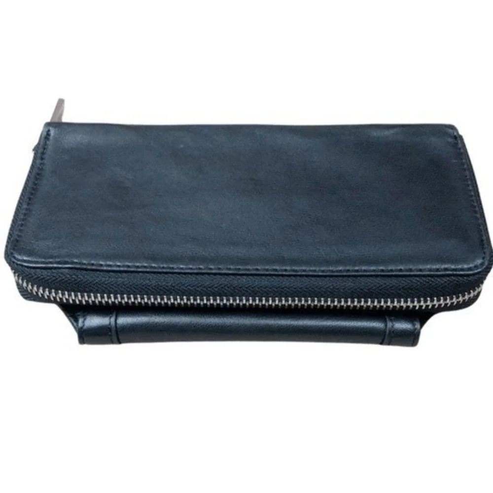 Rough‎ Roses Black Leather Wallet Clutch Turn Lock Zip Around Rose Print Lining